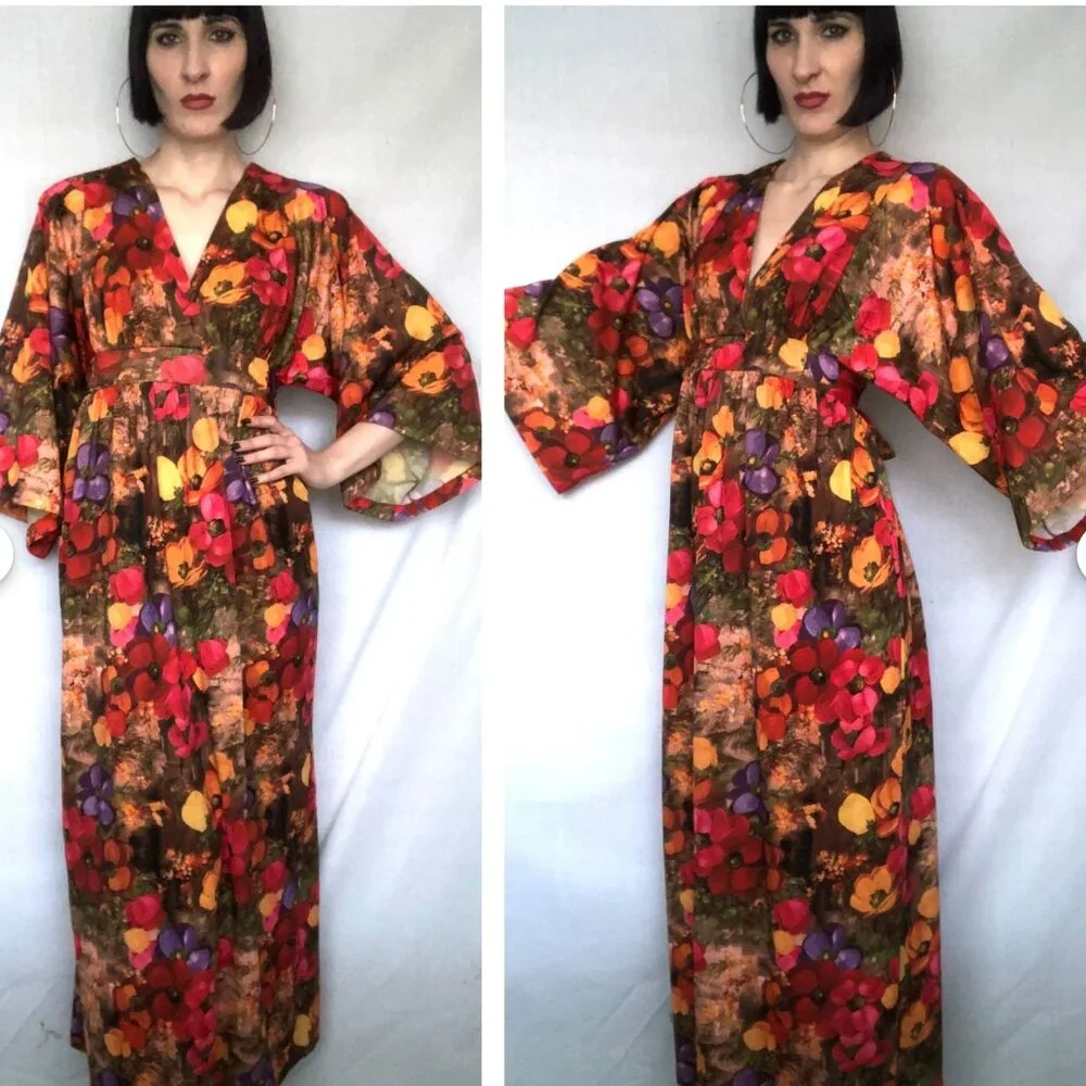 Gorgeous Vintage 1970's Autumnal Floral Print Kimono Sleeve Bohemian Maxi Dress - Picture 8 of 8